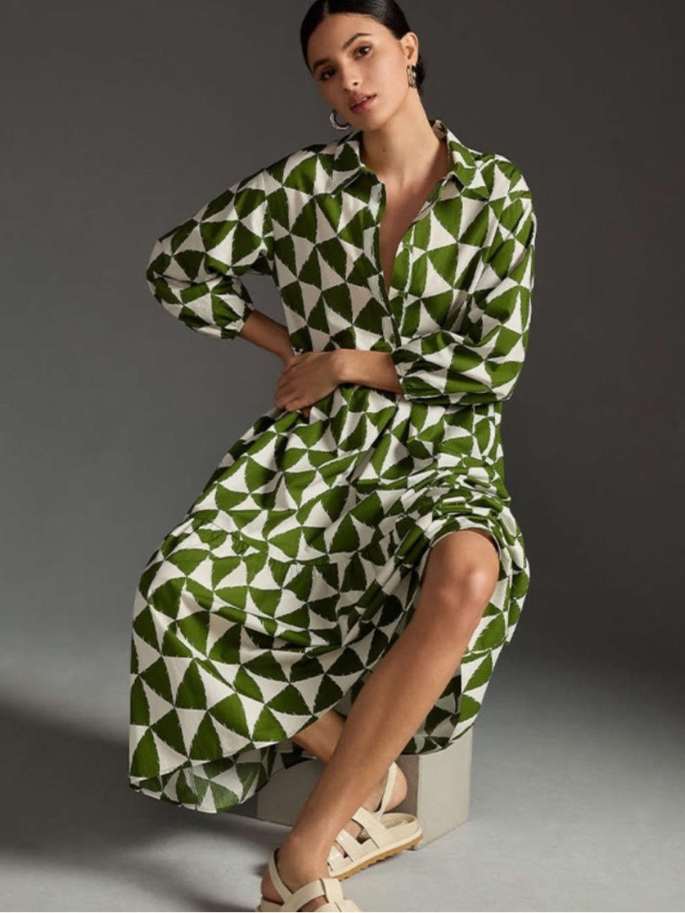 Anthropologie Maeve Bettina shirtdress in green & white geo print. Size: Medium